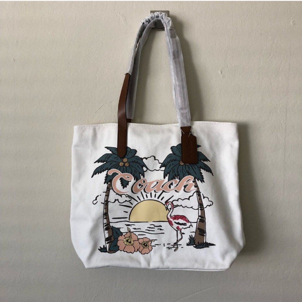 Coach aloha palm beach flamingo canvas tote